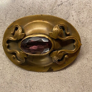 Antique Large Art Nouveau Embossed Gold Tone Brooch Violet Purple Rhinestone Pin